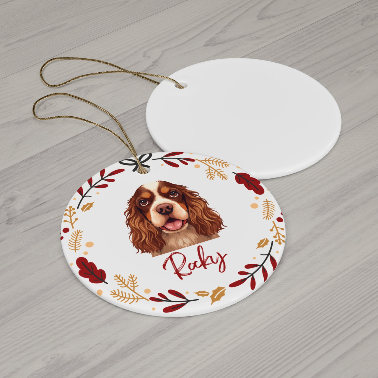 Personalized Cocker Spaniel Dog Face Christmas Ornament with Dogs Name and Christmas Wreath | Ceramic Ornament