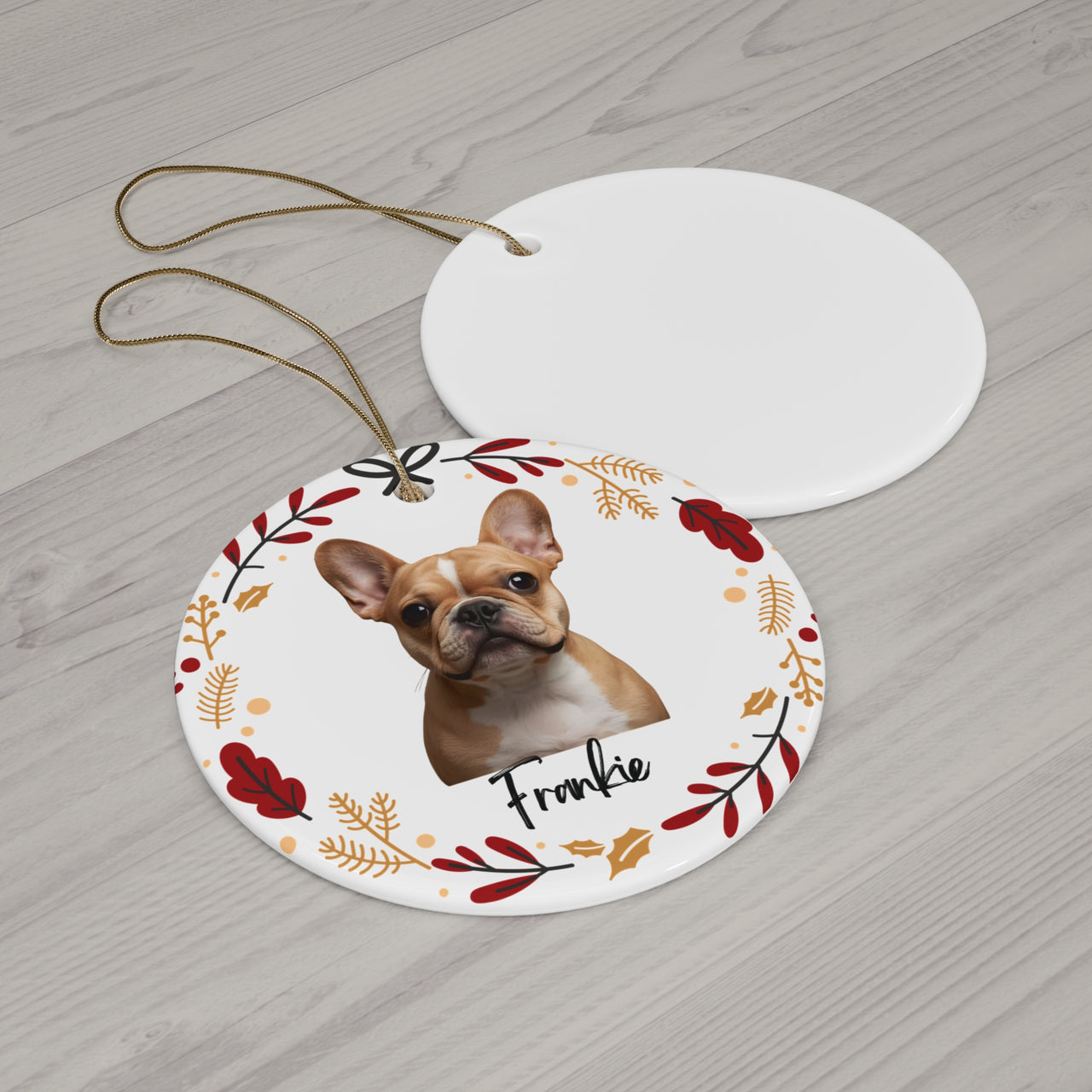 Personalized Frenchie Dog Face Christmas Ornament with Dogs Name and Christmas Wreath | Ceramic Ornament