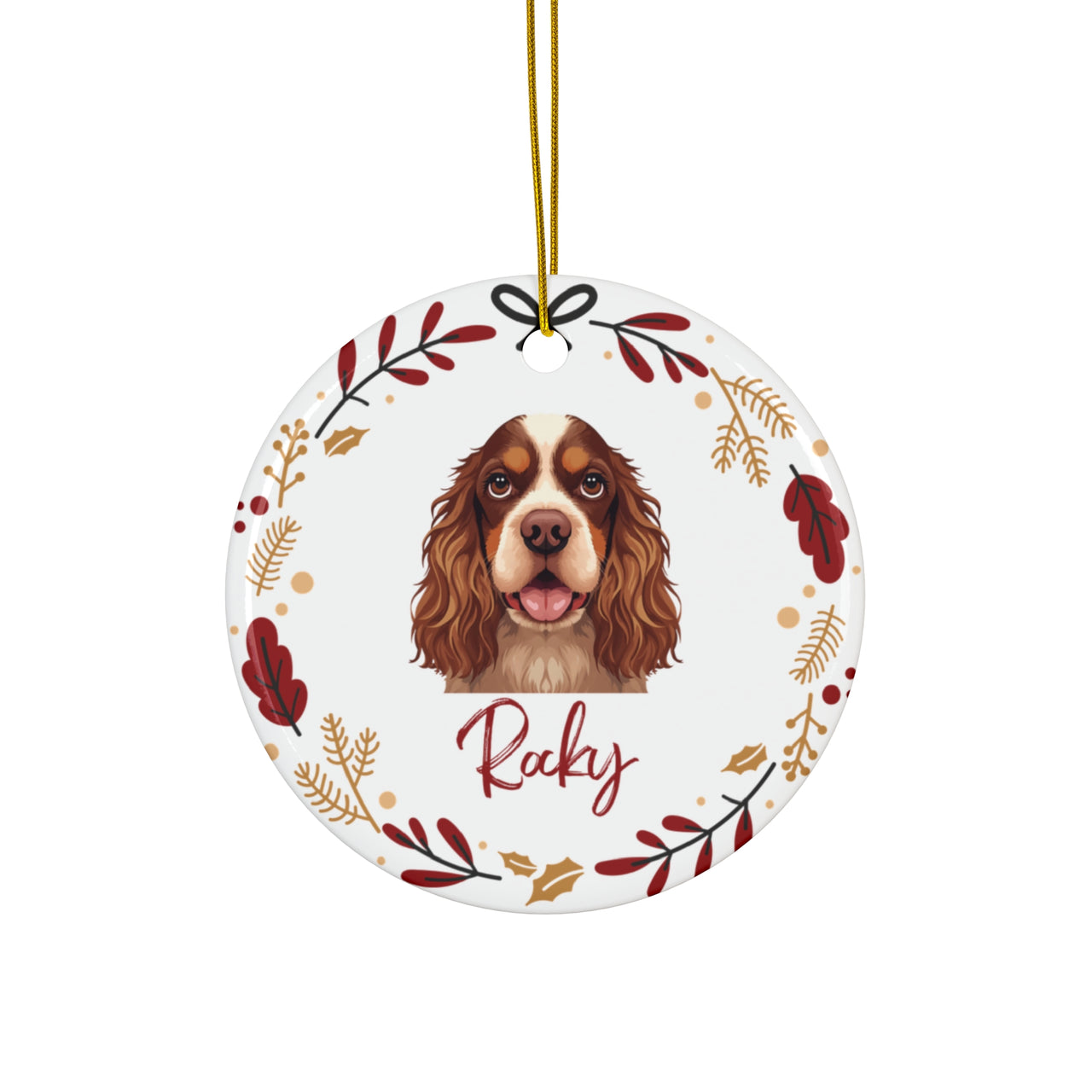 Personalized Cocker Spaniel Dog Face Christmas Ornament with Dogs Name and Christmas Wreath | Ceramic Ornament