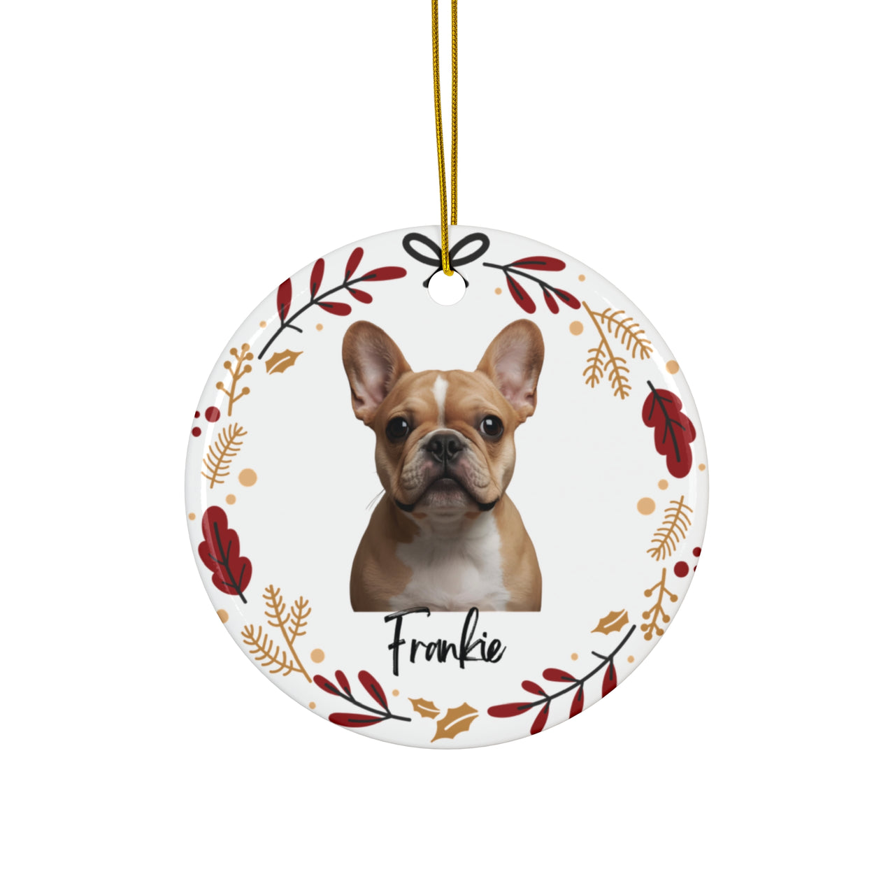 Personalized Frenchie Dog Face Christmas Ornament with Dogs Name and Christmas Wreath | Ceramic Ornament